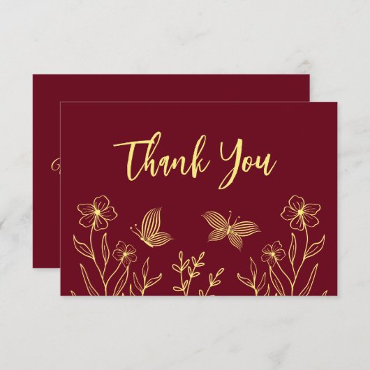 シンプル金ゴールド花ブルゴーニュ結婚ーズ サンキューカード (正面/裏面)
