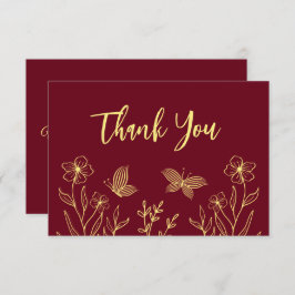シンプル金ゴールド花ブルゴーニュ結婚ーズ サンキューカード