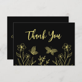 シンプル金ゴールド花結婚黒 サンキューカード