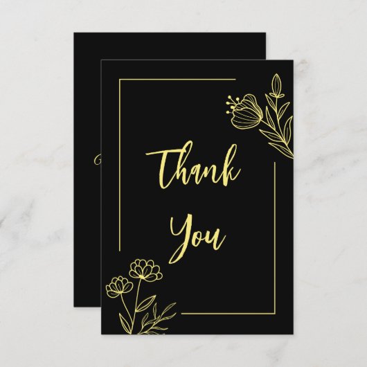 シンプル金ゴールド花結婚黒 サンキューカード (正面/裏面)