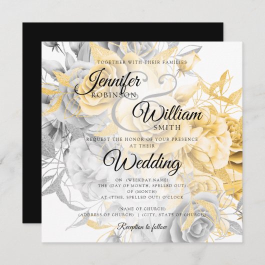 シンプル金ゴールド&シルバーエレガントフローラ結婚ズ (正面/裏面)