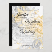 シンプル金ゴールド&シルバーエレガントフローラ結婚ズ 招待状 (正面/裏面)