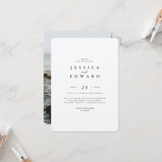 シンプル金属銀とブラックフォト結婚ズ 招待状 (正面/裏面インサイチュ)