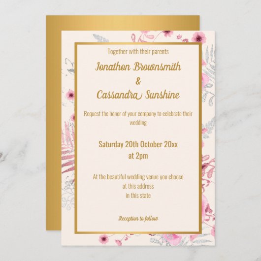 シンプル銀ピンク金ゴールドフローラ結婚金ゴールド 招待状 (正面/裏面)