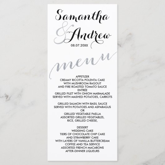 シンプル銀フェイク箔シック結婚メニュー メニュー (正面)