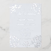 シンプル銀フローラエレガントオンブルー結婚ホワイト 箔招待状 (正面)