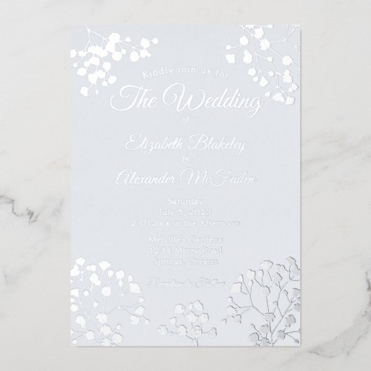 シンプル銀フローラエレガントオンブルー結婚ホワイト 箔招待状 (正面)
