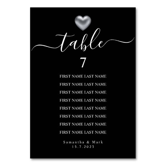 シンプル銀モダンハート結婚タイポグラフィ テーブルナンバー (正面)