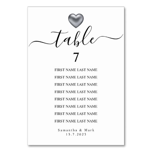 シンプル銀モダンハート結婚タイポグラフィ テーブルナンバー (正面)