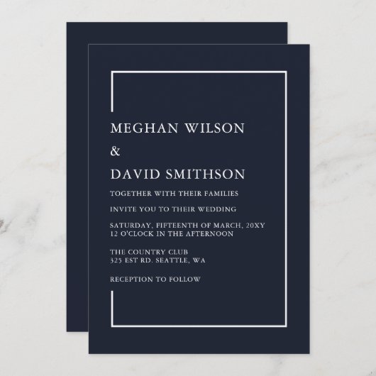 シンプル階級エレガント海軍モダン結婚の 招待状 (正面/裏面)