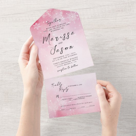 シンプル雪エレガント片とピンク結婚色 オールインワン招待状 (貼ってはがせる)