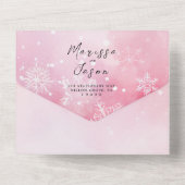 シンプル雪エレガント片とピンク結婚色 オールインワン招待状 (裏面)