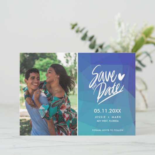 シンプル青い写真のモダン結婚式の日付を保存 案内状 (スタンド正面)
