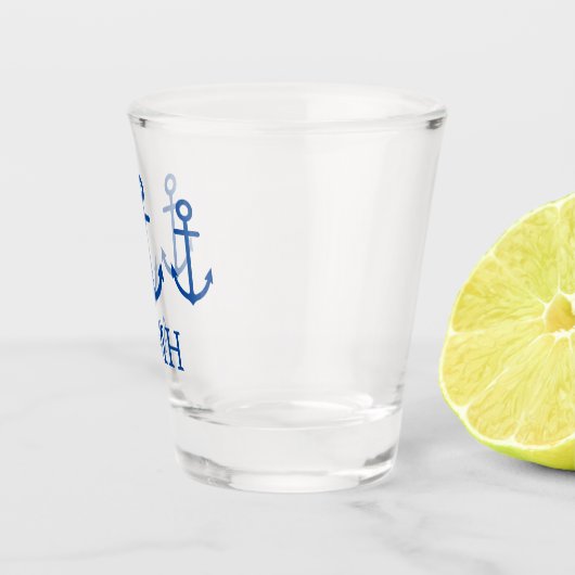 シンプル青と白のいかりモノグラ航海のム ショットグラス (右)