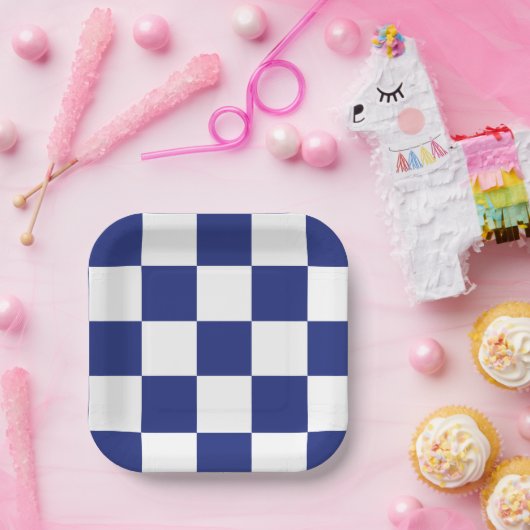 シンプル青と白のパタ市松模様にーン ペーパープレート (パーティー)