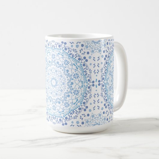 シンプル青と白のフローラエレガント曼荼羅 コーヒーマグカップ (正面右)