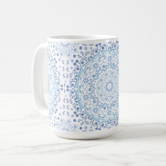 シンプル青と白のフローラエレガント曼荼羅 コーヒーマグカップ (正面左)