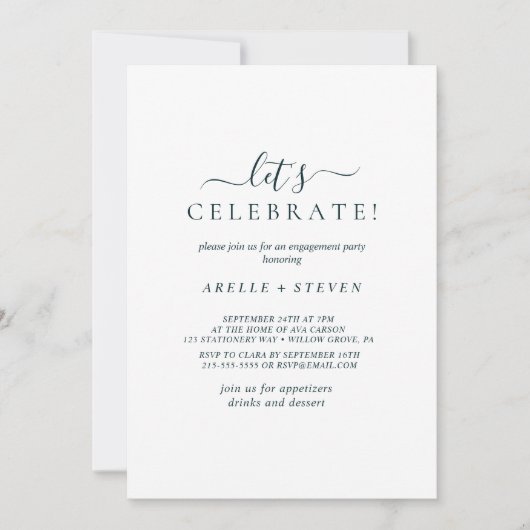 シンプル青と白の婚約パーティ 招待状 (正面)