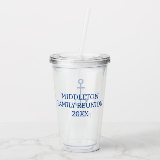 シンプル青と白の航海のいかりパーソナライズされた アクリルタンブラー (裏面)