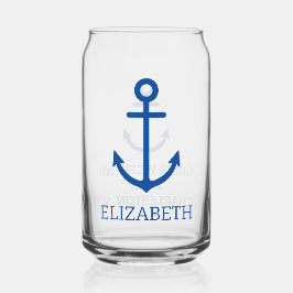 シンプル青と白の航海のいかりパーソナライズされた ガラス缶