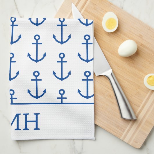 シンプル青と白の航海のいかりパーソナライズされた キッチンタオル (四つ折り)