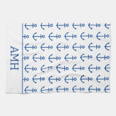 シンプル青と白の航海のいかりパーソナライズされた キッチンタオル (横)