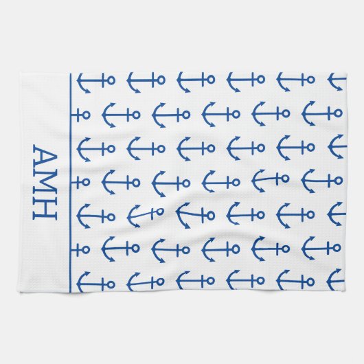 シンプル青と白の航海のいかりパーソナライズされた キッチンタオル (横)