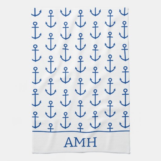 シンプル青と白の航海のいかりパーソナライズされた キッチンタオル (縦)