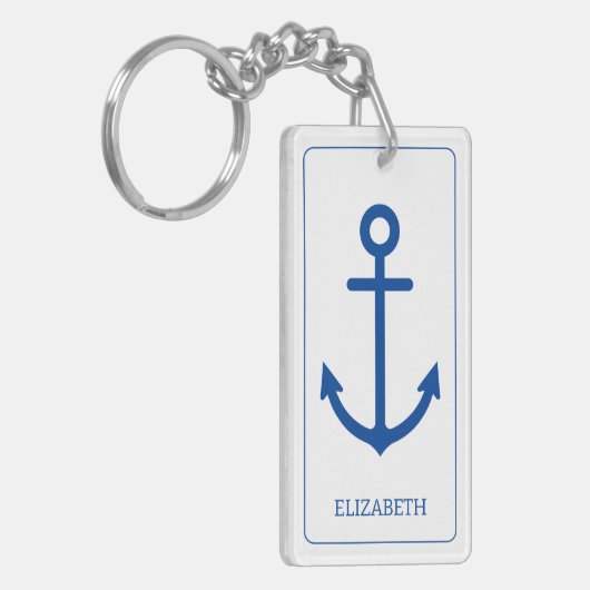 シンプル青と白の航海のいかりパーソナライズされた キーホルダー (正面左)