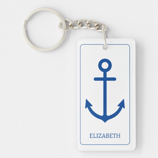 シンプル青と白の航海のいかりパーソナライズされた キーホルダー (正面)