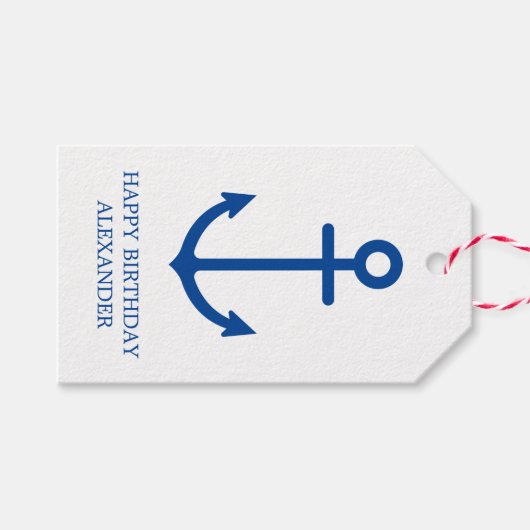 シンプル青と白の航海のいかりパーソナライズされた ギフトタグ (正面(横))