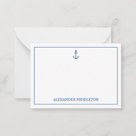 シンプル青と白の航海のいかりパーソナライズされた ノートカード (正面)