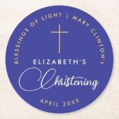 シンプル青エレガント王室の信教バプテスマ金ゴールドクロス ラウンドペーパーコースター (正面)