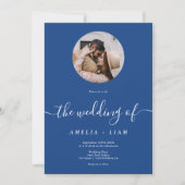 シンプル青エレガント白フォトスクリプ結婚ト 招待状 (正面)