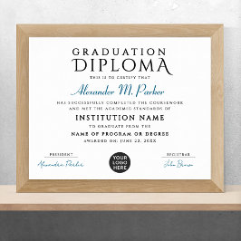 シンプル青スタイリッシュ白のロゴ証明書 ポスター