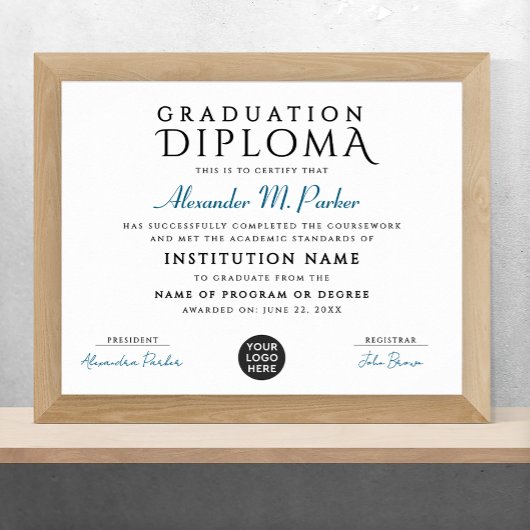 シンプル青スタイリッシュ白のロゴ証明書 ポスター