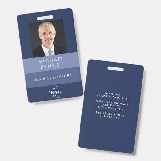 シンプル青ストライプ会社の写真ID バッジ (正面＆裏面)