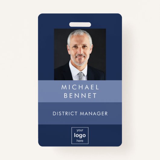 シンプル青ストライプ会社の写真ID バッジ (正面)