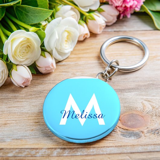 シンプル青ティール(緑がかった色)モノグモダンラムガーリー名 キーホルダー