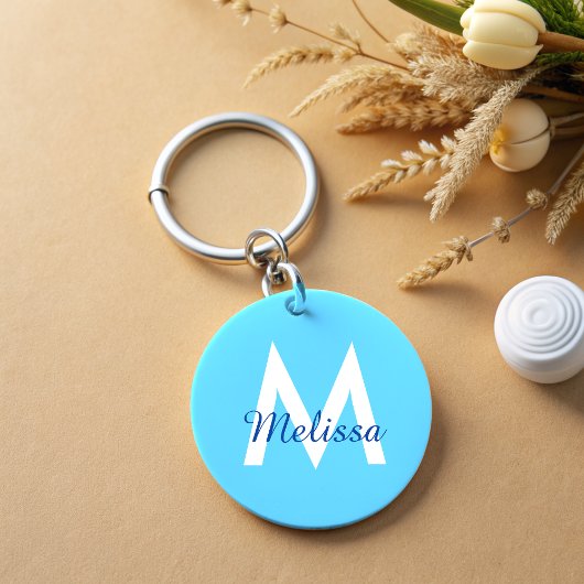 シンプル青ティール(緑がかった色)モノグモダンラムガーリー名 キーホルダー