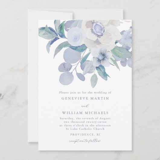 シンプル青フローラフォト結婚式招待状 案内状 (正面)