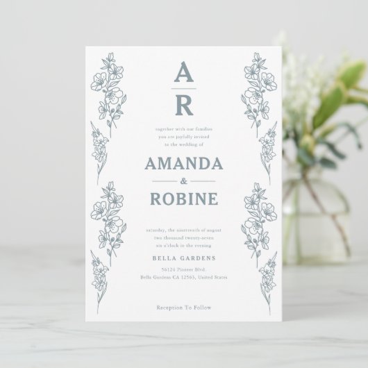シンプル青フローラ結婚式招待状 招待状 (スタンド正面)