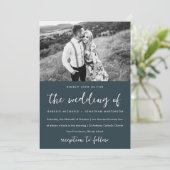 シンプル青ミニマル赤面写真結婚の 招待状 (スタンド正面)