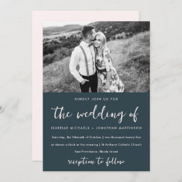 シンプル青ミニマル赤面写真結婚の 招待状