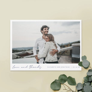 シンプル青モダンタイポグラフィ写真結婚の サンキューカード