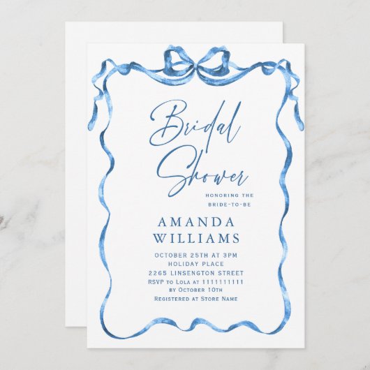 シンプル青モダン手引き弓ブライダルシャワー 招待状 (正面/裏面)