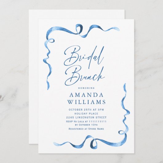 シンプル青モダン手引き弓ブライダルシャワー 招待状 (正面/裏面)