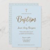 シンプル青モダン金ゴールドクロスバプテスマ 招待状 (正面/裏面)