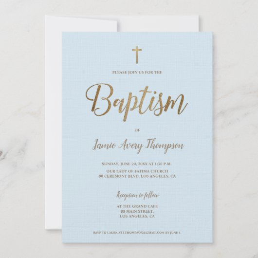 シンプル青モダン金ゴールドクロスバプテスマ 招待状 (正面)