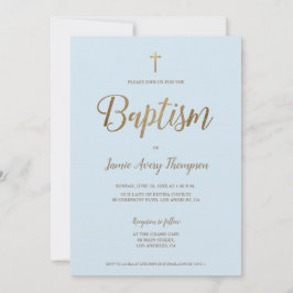 シンプル青モダン金ゴールドクロスバプテスマ 招待状